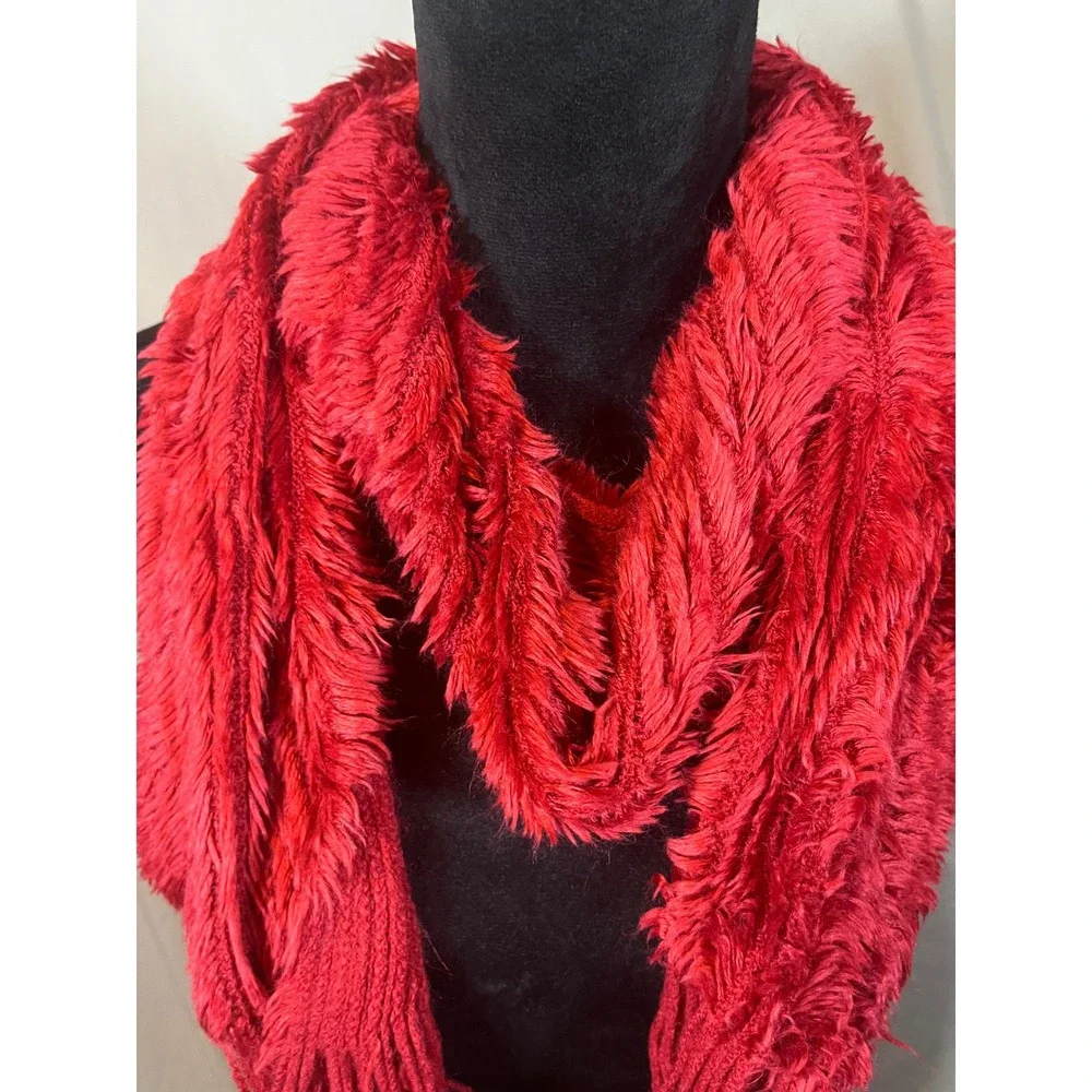 Red Eyelash Knit Shaggy Faux Fur Trim Ribbed Scarf with Fringe Statement Red‎